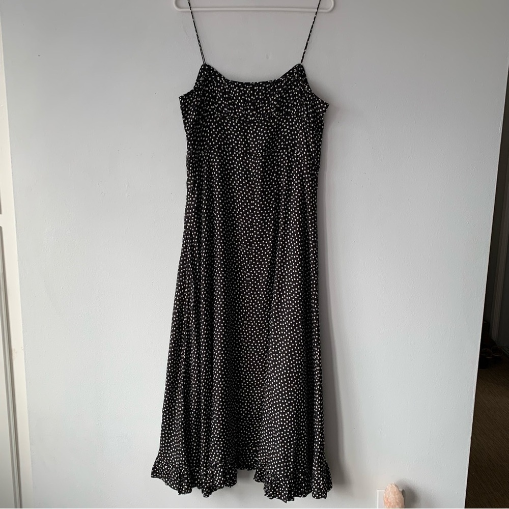NWT Doen Rosaria Silk Ruched Bust Ruffle Midi Maxi Dress Camille Dot Polka Black - Picture 13 of 16